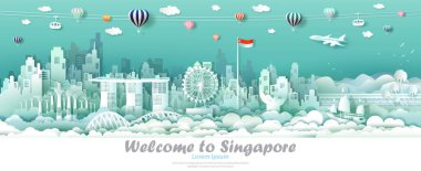 Singapur şehir merkezinde Singapur bayrağı, marina körfezi kumları ve modern binadaki Travel Skyline Singapur mimari kültürü, balonla seyahat, yelkenli, uçak ve teleferikle seyahat. Seyahat posteri ve kartpostal çizimi.