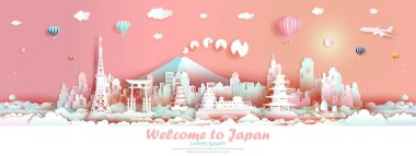 Japonya 'nın ünlü Asyalı reklam, Fuji Dağı ve Asya şehir merkezi kültürü mimarisi modern bina, balonla, yelkenliyle, uçakla seyahat panoramik. Seyahat posteri ve kartpostal çizimi.