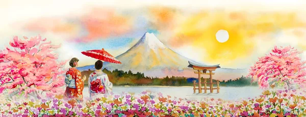 Travel Mount Fuji Japan Famous Landmarks Asian Inglés Mujer Usando —  Fotos de Stock