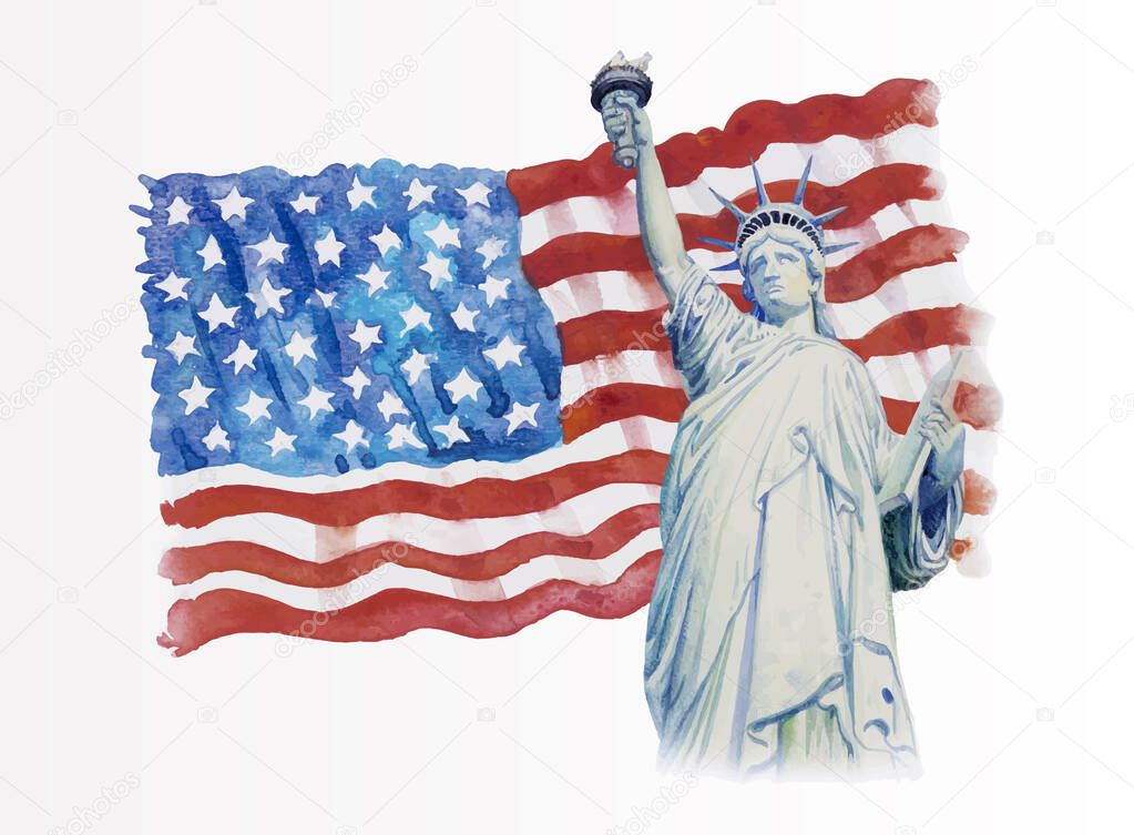 Statue Liberty on flag american- hand drawn in white background. Watercolor painting of symbol famous landmarks of world, business city, Hand painted illustration, copy space