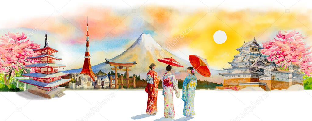 Travel Japan famous landmarks of the Asian. Woman wearing japanese traditional kimono with umbrella. Watercolor painting illustration in sun skyline space background, popular tourist attraction.