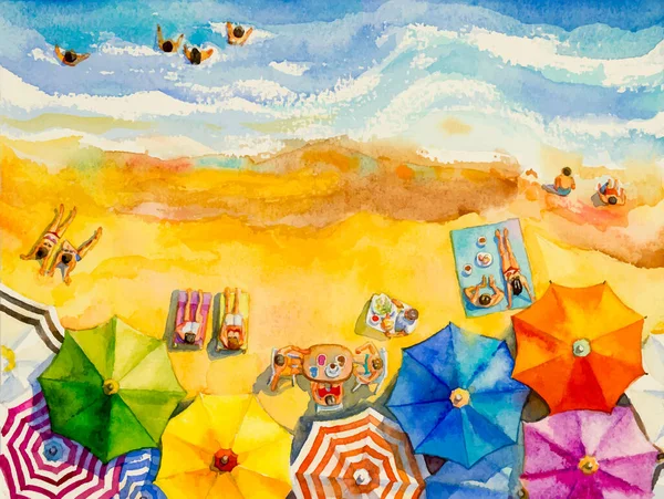 画上水彩画的海景尽收眼底 情人眼里出西施 家庭度假和旅游在夏日 五彩缤纷的伞下 海浪般的蓝色背景 绘画印象派 抽象图像图解 — 图库照片