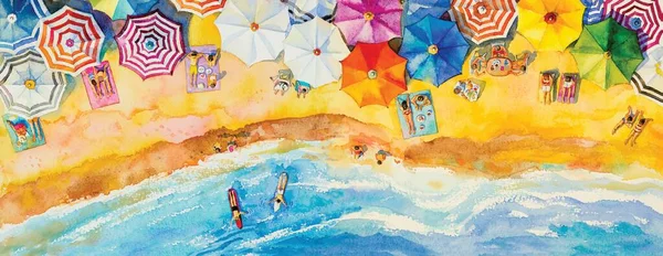 Pintura Vista Panorámica Del Mar Acuarelas Color Superior Familia Vacaciones —  Fotos de Stock