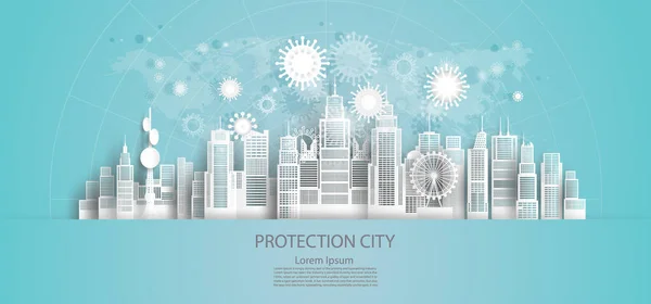 Protection City Epidemic Disease Capital Downtown Skyscraper Background Economic Futuristic — Stock Vector