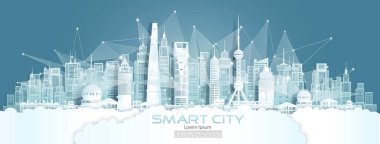 Teknoloji kablosuz ağ iletişimi Çin 'deki Şangay mimarisi ile akıllı şehir Asya şehir merkezindeki gökdelen mavi arka plan, Vector illüstrasyon füstik yeşil şehir ve panorama manzarası. 