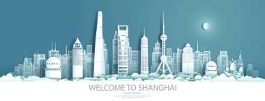Şangay 'da şehir merkezi Şangay' da şehir merkezi, şehir merkezi, gökdelen, Asya mimarisi, yelkenliyle seyahat, Vector illüstrasyon manzara manzarası.
