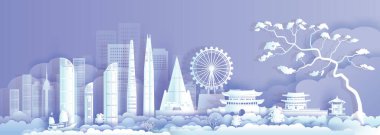 Mor arka planda Kore 'nin tarihi yapısını gezmek yelkenli teknesi ile Tour Korea panoramik şehir manzarası popüler başkenti, Origami kağıt kesim stili reklam için, Vector illüstrasyonu.
