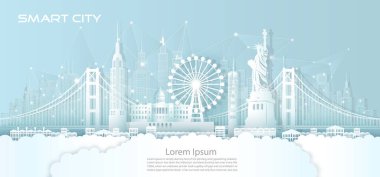 Teknoloji kablosuz ağ iletişimi Amerika 'da mimari ile akıllı şehir mavi arka planda gökdelen, vektör illüstrasyonu fürist yeşil şehir ve panorama manzarası.