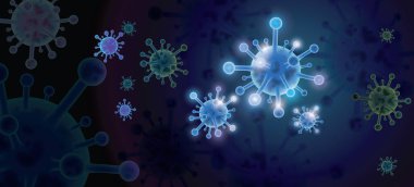 Soyut mavi arka planda Coronavirus 2019-ncov 'un tasarım sembolü. Salgın COVID-19, Hastalık hücreleri enfeksiyonu salgını ve salgın hastalık riski. Duvar kağıdı, konsept için vektör illüstrasyonu.