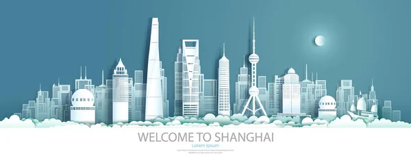 上海市中心的旅游地标 城市摩天大楼 上海的旅游城市景观 上海的亚洲建筑和现代建筑 帆船旅行 矢量图景全景 — 图库矢量图片