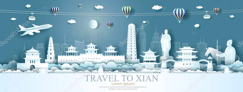 Travel landmarks China Xian city with flight and balloons, Tour landmark the world to history with panorama view cityscape popular capital, Origami paper cut style for advertising,Vector illustration.