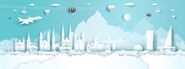 Dünyaca ünlü saray ve kale mimarisi için panorama turu. Zürih, Cenevre, Lucerne, iç içe geçmiş, kağıt kesikli Avrupa 'nın simgesi. Reklamcılık için iş broşürü tasarımı.