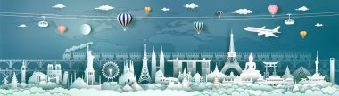 Dünya haritası geçmişi olan şehir işaretleri, dünyanın önemli mimari eserleri, panoramik manzara kağıt kesim stili turizm, seyahat posteri ve kartpostal kullanımı, Vector illüstrasyon.