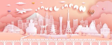 Japonya 'yı gezin. Dünyanın en ünlü kalesi. Antik mimari ve saray. Pembe arkaplan üzerine modern iş broşürü. Kağıt origamisi ve Vector illüstrasyonuyla Asya 'nın Tokyo şehir simgesi..