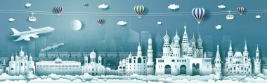 Rusya 'nın seyahat şehri dünyaca ünlü saray ve kale mimarisi. Kağıt kesikli Moskova Avrupa 'nın simgesi. Reklam, tur, seyahat için modern iş broşürü tasarımı. Vektör illüstrasyonu.
