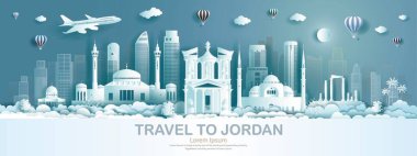 Ürdün 'ün modern yapı, anıt ve antik mimari yapısını gezmek. Modern tasarım broşürü. Balon ve bulut arkaplanlı Asyalı turizm arap simgeleri. Vektör illüstrasyonu.