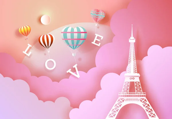 Amor Com Balões Coração Com Torre Eiffel Para Valentim Papel — Vetor de Stock