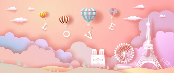 Воздушные Шары Любви Сердца Эйфелевой Башней Франции День Святого Валентина — стоковый вектор