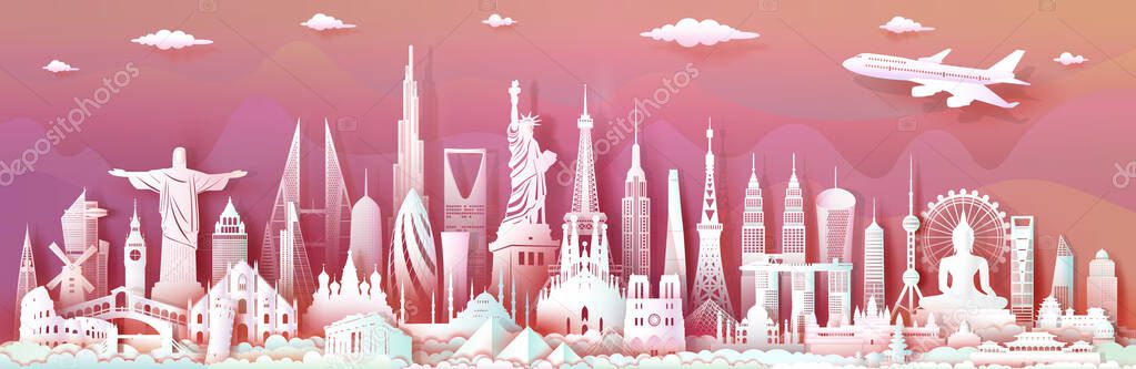 Travel landmarks world with modern important architectural monuments of world,Tourism with panoramic landscape paper art style, Use for travel poster and postcard, Vector illustration paper cut.
