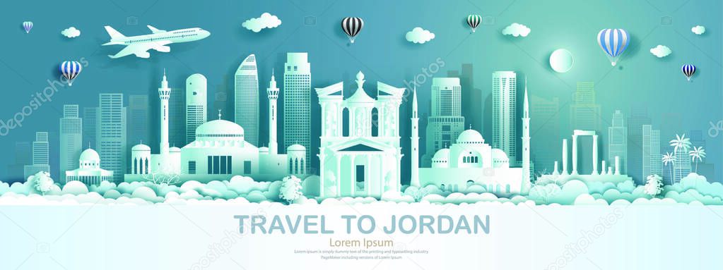 Travel architecture landmark of Jordan with modern building, monument, ancient. Business brochure modern design.Tourism arab landmarks of asian with balloon and cloud background. Vector illustration.