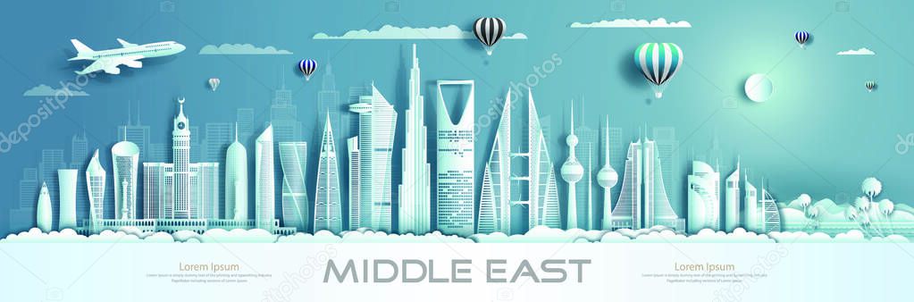 Travel to middle east landmarks of asia with modern architecture cityscape background. Tourism arab to Saudi arabia, Qatar, Bahrain, UAE, Kuwait, Business brochure modern design.Vector illustration