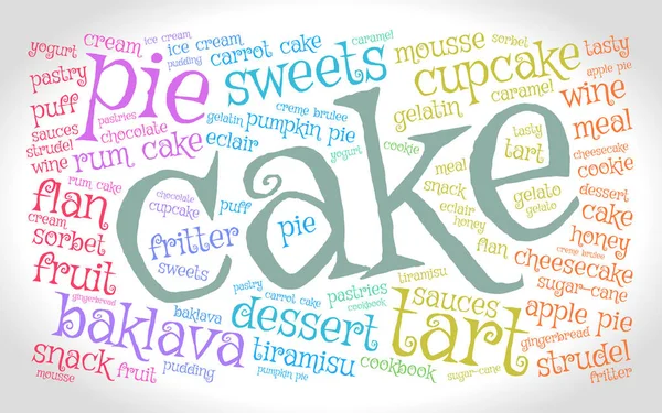 Cake Word Cloud Gradient Grey Background Food Concep — Stock Vector