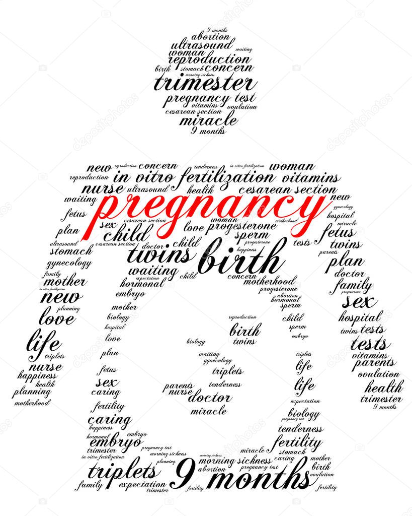 Pregnancy. Word cloud, silhouette of a pregnant woman, italic font, white background. The miracle of birth.