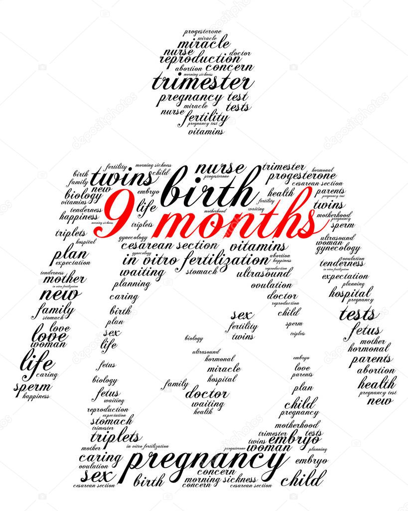 9 months. Word cloud, silhouette of a pregnant woman, italic font, white background. The miracle of birth.