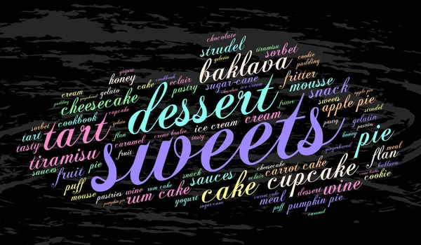 Sweets Word Cloud Grunge Background Food Concept — Stock Vector