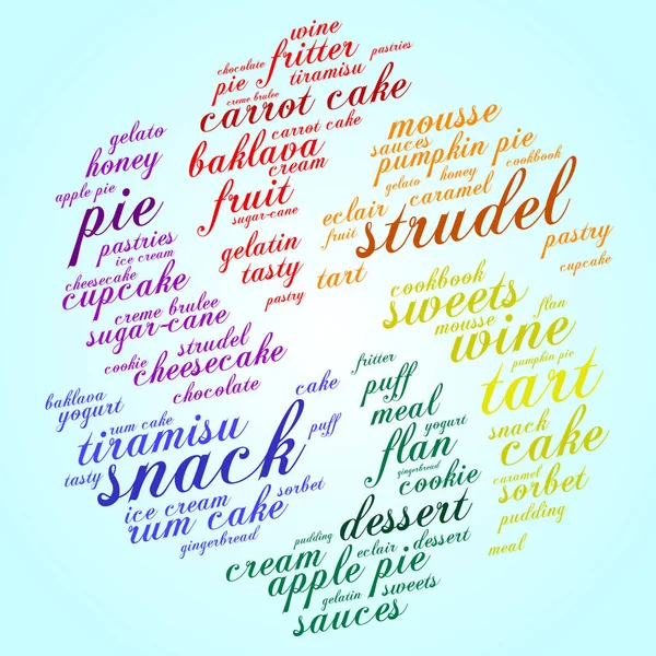 Strudel Word Cloud Rainbow Wheel Gradient Blue Background Food Concept — Stock Vector