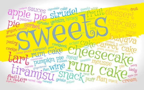 Sweets Word Cloud Yellow Stripe Gradient Grey Background Food Concept — Stock Vector