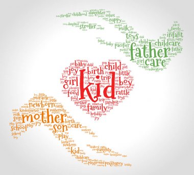 Çocuk. Kelime bulutu, iki el, degrade gri arka plan arasında kalp. Aile kavramı.