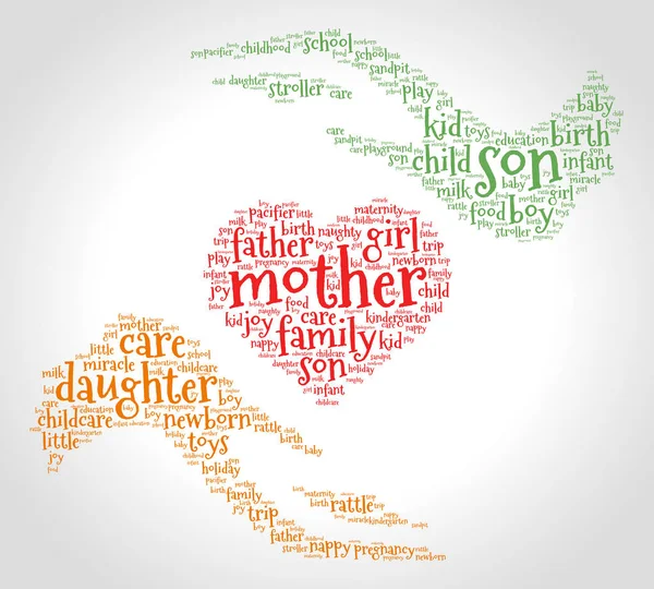 Mother Word Cloud Heart Hands Gradient Grey Background Family Concept — Stock Vector