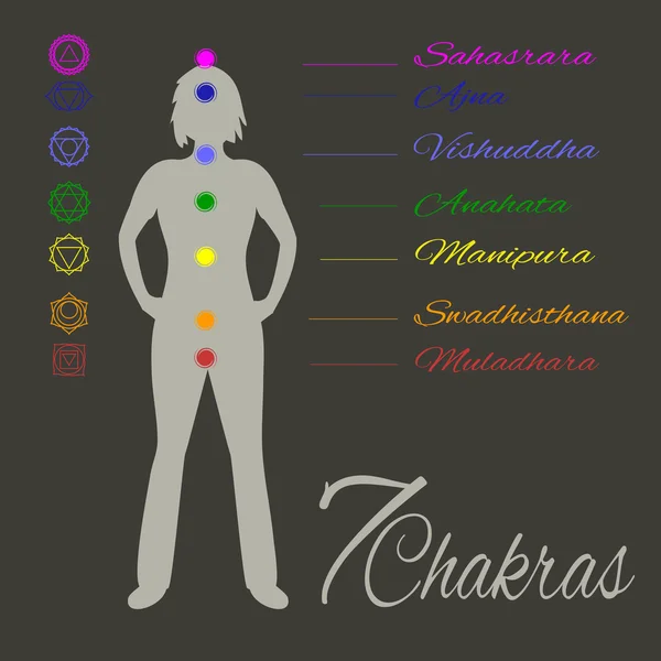 Localização dos principais sete chakras de ioga no corpo humano.sil feminino —  Vetores de Stock