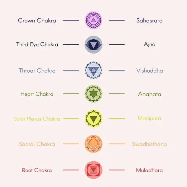 Emplacement des sept principaux chakras du yoga sur le corps humain. — Image vectorielle