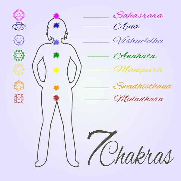 Locatie gemeente belangrijkste zeven yoga chakra's op het menselijk lichaam. Vrouwelijke sil — Stockvector