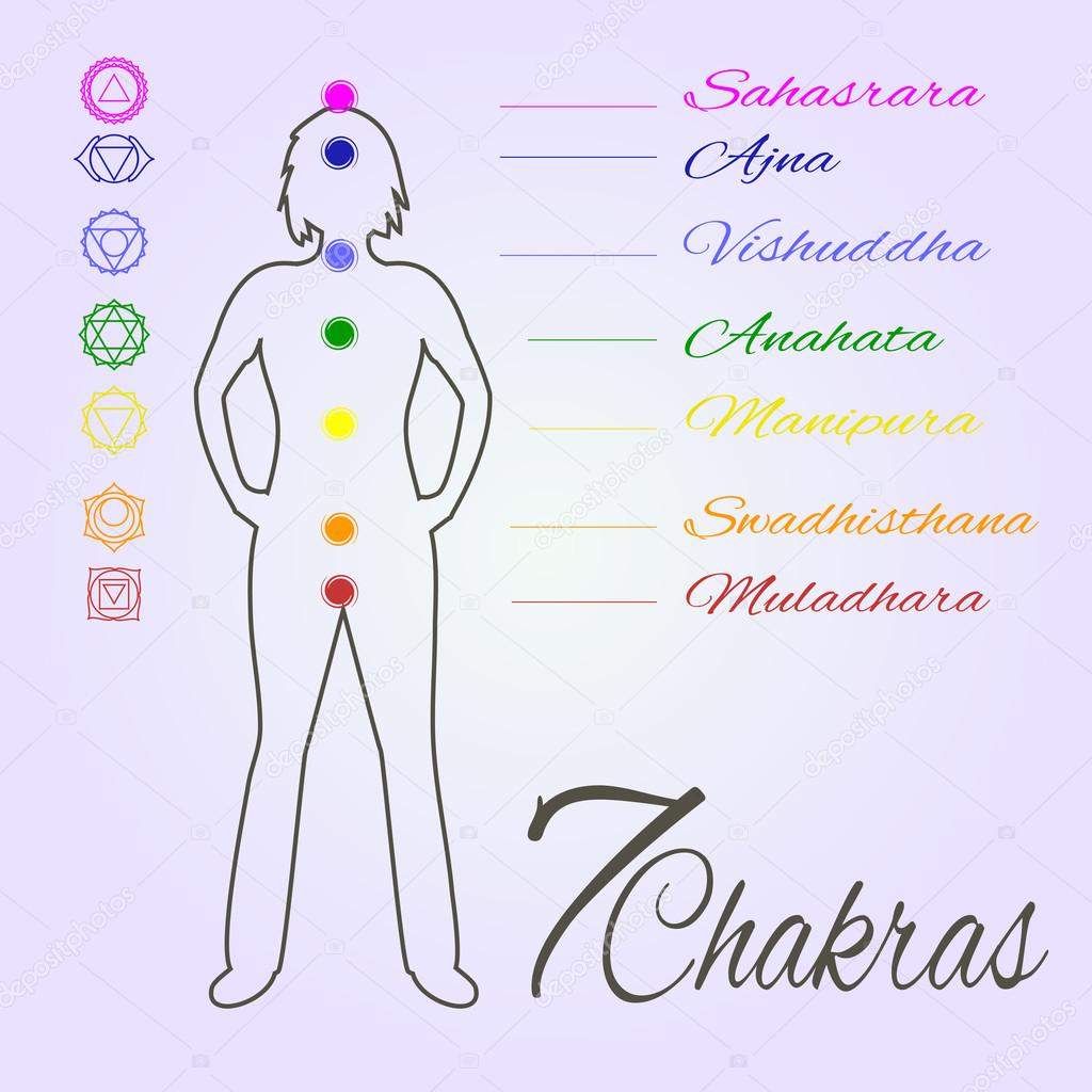 Location of main seven yoga chakras on the human body.Female sil