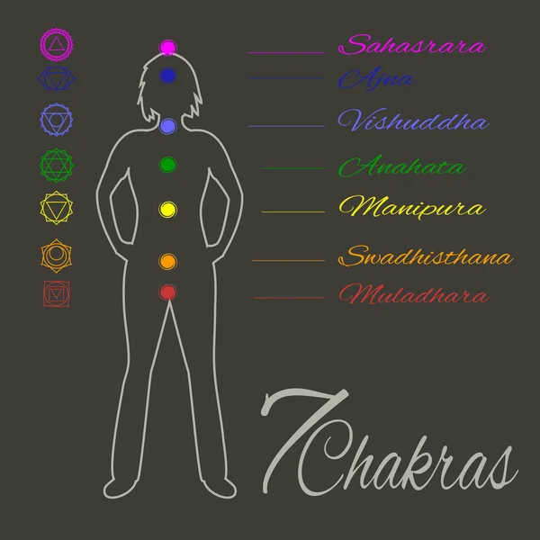 Emplacement des sept principaux chakras du yoga sur le corps humain. — Image vectorielle