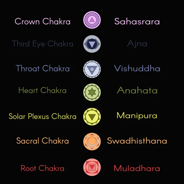 Emplacement des sept principaux chakras du yoga sur le corps humain. — Image vectorielle