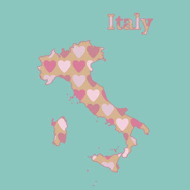 Pembe ve kırmızı kalp desenli İtalya haritası. Mavi arkaplandaki izole vektör çizimi