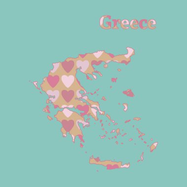 Pembe ve kırmızı kalpli Yunanistan 'ın ana hatları. Mavi arkaplandaki izole vektör çizimi