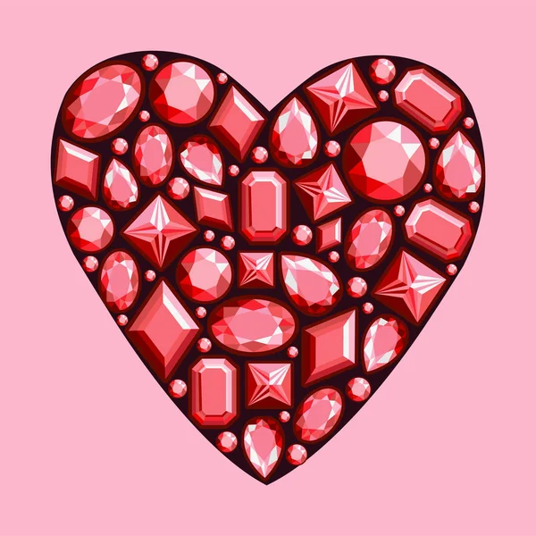 Ensemble de bijoux en forme de cœur. Pierres précieuses de colo rouge — Image vectorielle