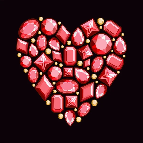 Mücevherlerinden kalp şeklinde ayarlayın. Kırmızı colo in değerli ve sahtekar taşlar — Stok Vektör