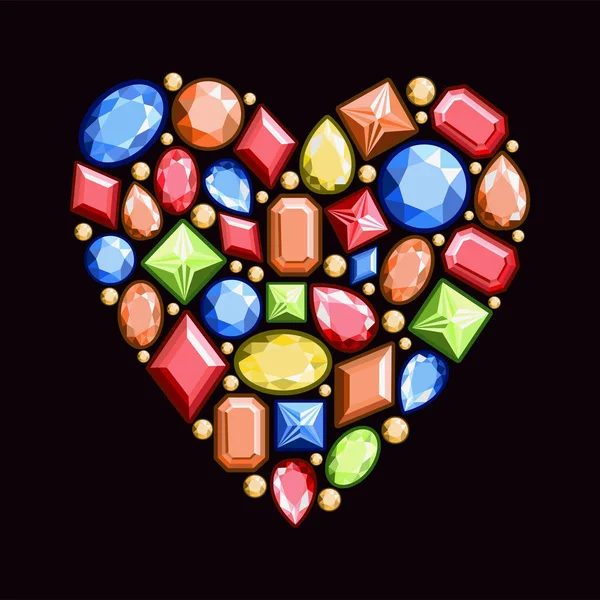 Conjunto de jóias na forma de coração. Pedras preciosas de vermelho, blu — Vetor de Stock