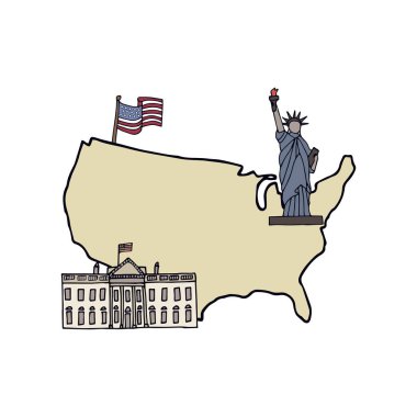 El çizimi semboller ve Usa haritası. Özgürlük Anıtı ve Bayrak