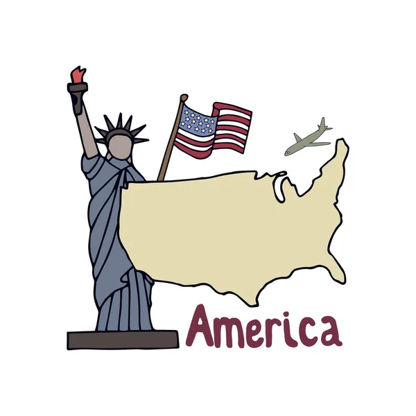 Ręcznie rysowane symbole i mapa Usa. Statua Wolności i flaga — Wektor stockowy