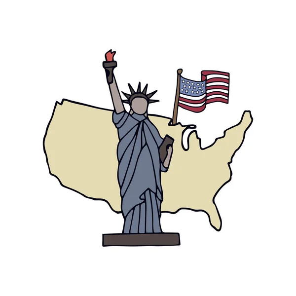 Símbolos dibujados a mano y mapa de USA. Estatua de la Libertad y bandera de — Vector de stock