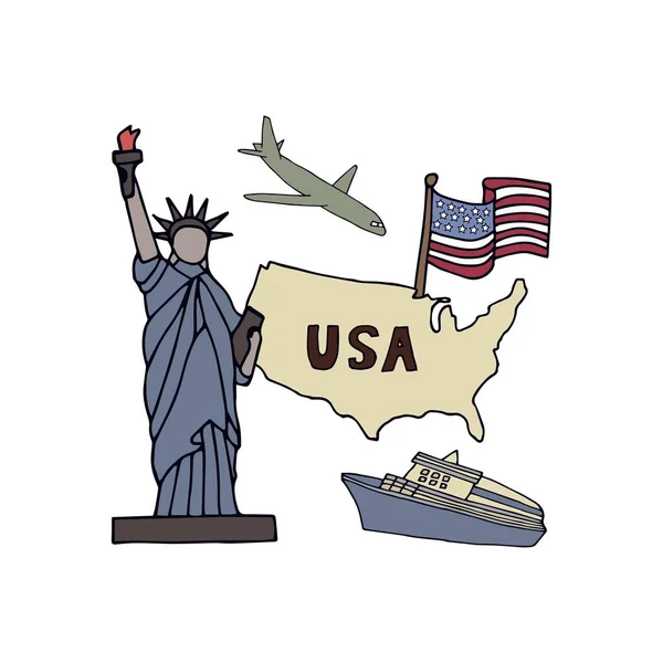 Handritade symboler och karta över Usa. Frihetsgudinnan och flaggstat — Stock vektor