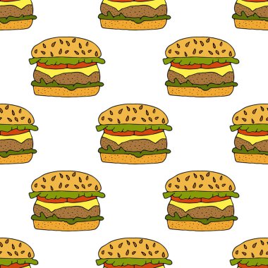 Hamburger, çizburger. Kusursuz desen. El çizimi vektör çizimi. karalama ya da çizgi film tarzı.