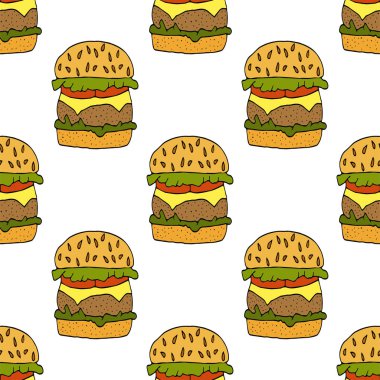 Hamburger, çizburger. Kusursuz desen. El çizimi vektör çizimi. karalama ya da çizgi film tarzı.
